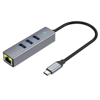 Перехідник HUB Hoco HB34 Easy link Type-C Gigabit network adapter (Type-C to USB3.0*3+RJ45) фото 1 з 8