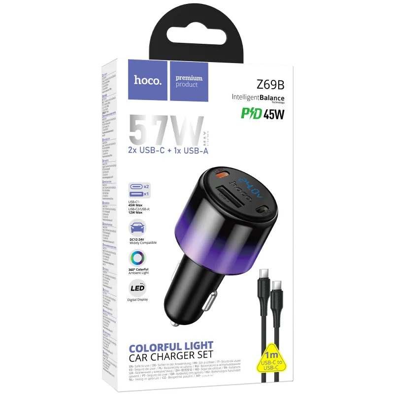 АЗУ Hoco Z69B Vivido PD57W+QC3.0 (1USB-A/2C) + кабель Type-C to Type-C – Black. Фото 2 из 6