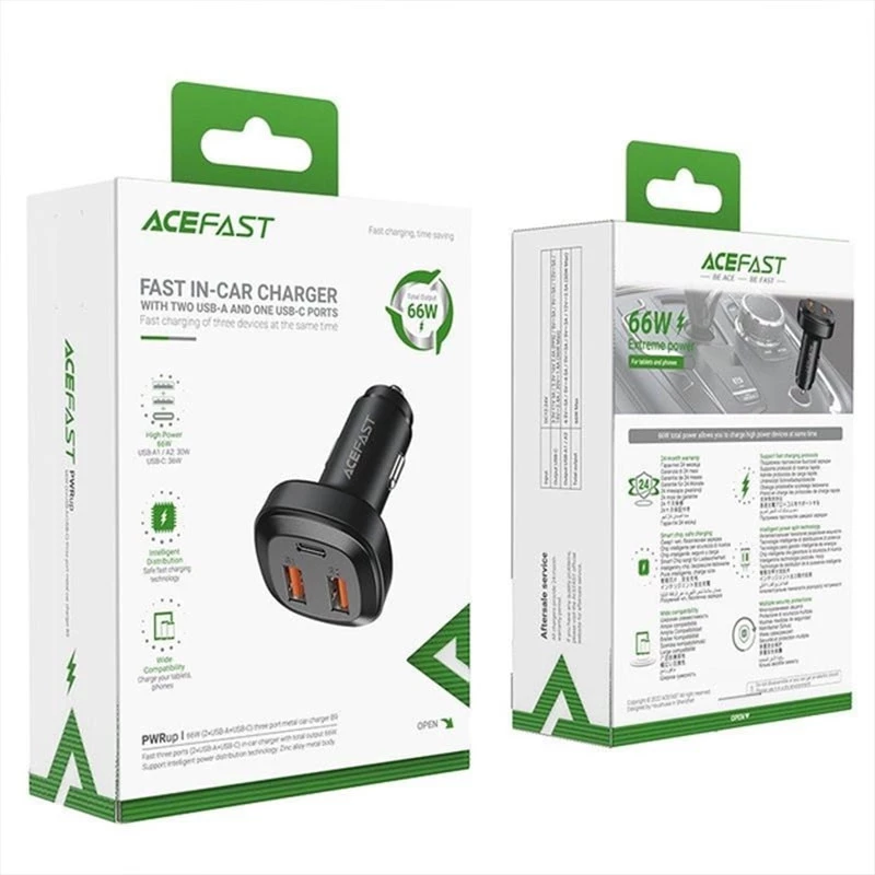 АЗУ Acefast B9 66W (2USB-A+USB-C) three port metal car charger – Black. Фото 6 из 6