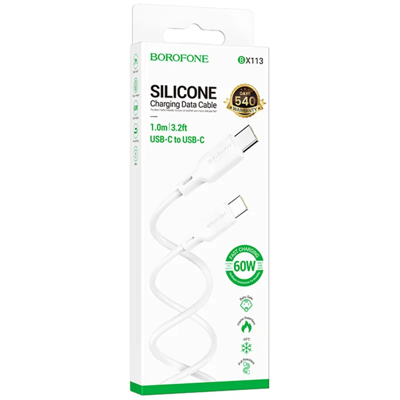 Дата кабель Borofone BX113 Lenny Type-C to Type-C 60W (1m) – White. Фото 2 з 4
