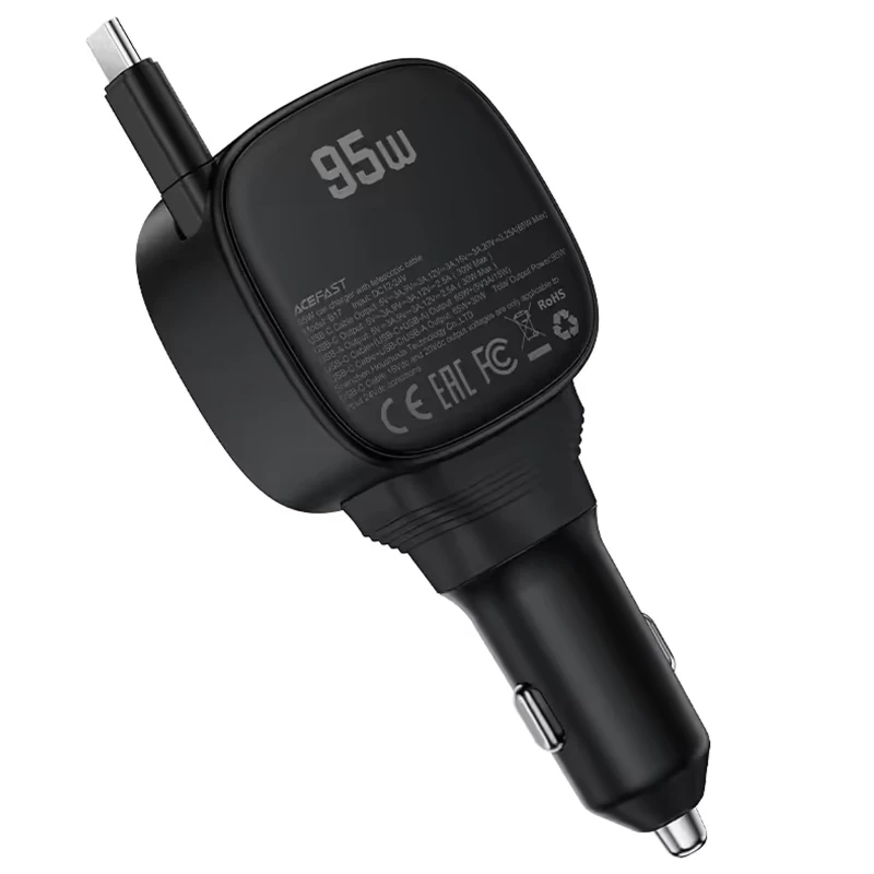 АЗП Acefast B17 PD30W+QC3.0 total 95W (1USB-A/1C) with retractable cable Type-C – Black. Фото 3 з 4
