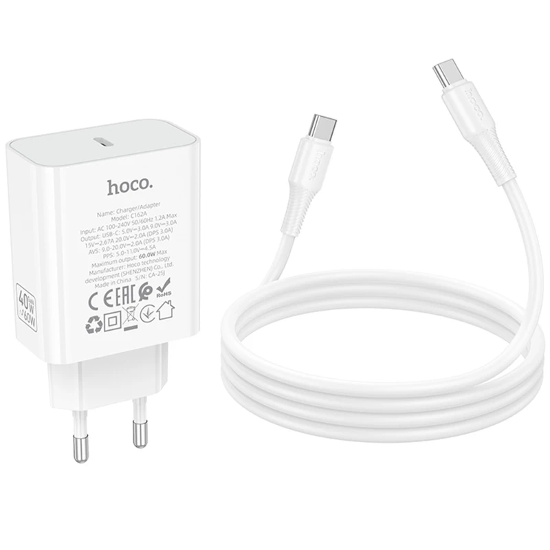 СЗУ Hoco C162A Source PD40W (1USB-C) + кабель Type-C to Type-C – White. Фото 3 из 5