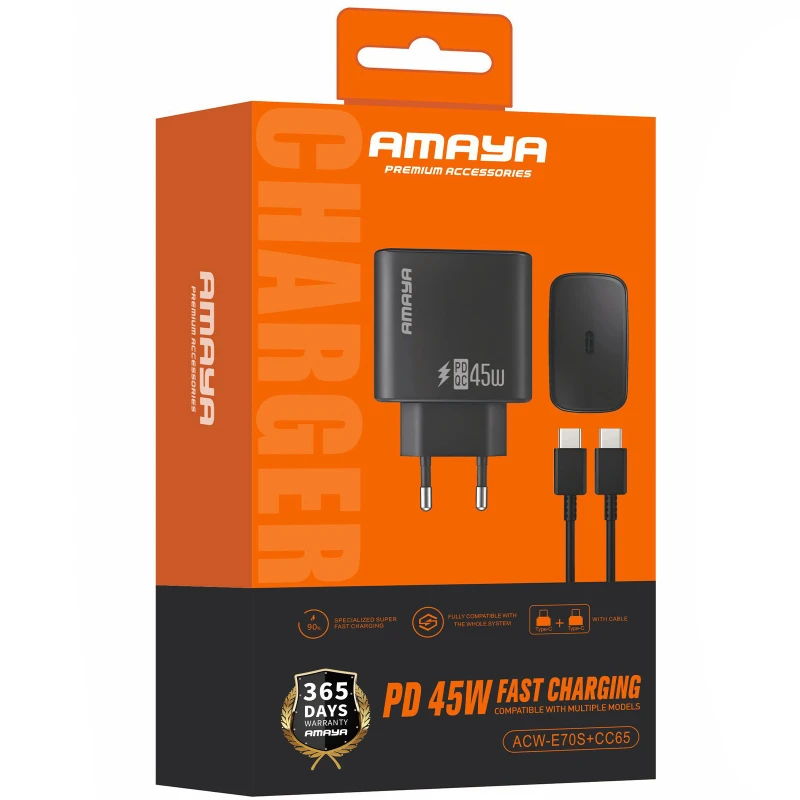 МЗП Amaya E70S PD45W (1USB-C) + кабель Type-C to Type-C – Black. Фото 3 з 3