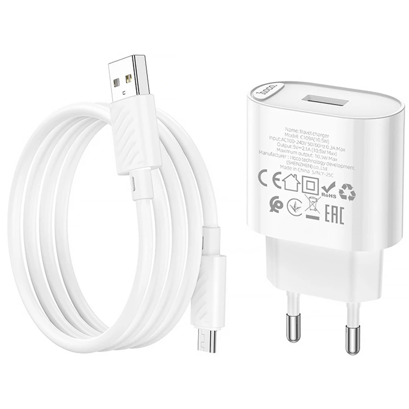 СЗУ Hoco C109A Fighter 10.5W (1USB-A) + кабель USB to MicroUSB – White. Фото 6 из 6