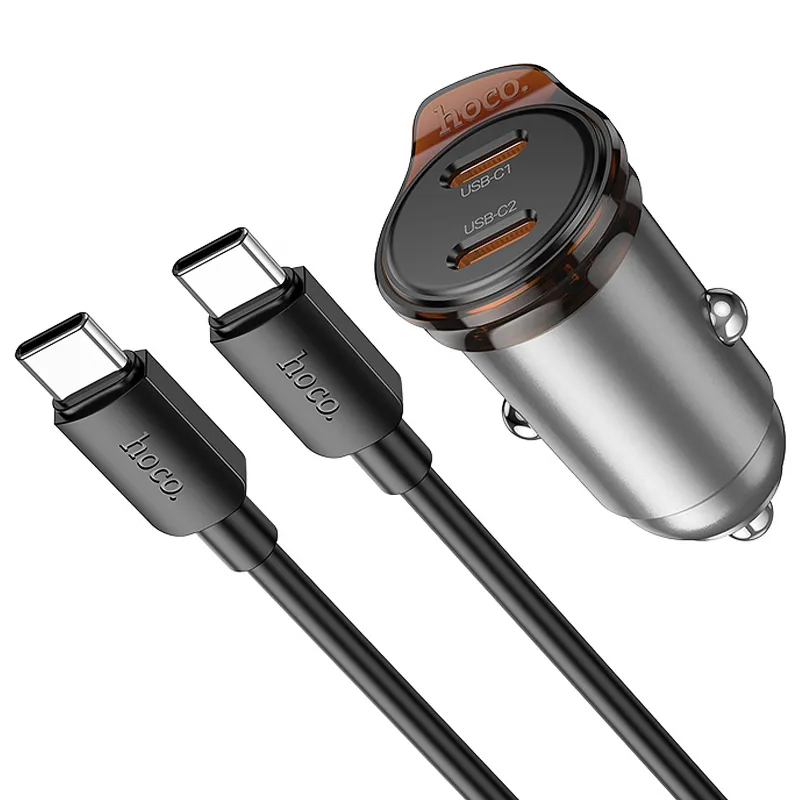 АЗП Hoco NZ16B Rigorous PD45W (2USB-C) + кабель Type-C to Type-C – Metal grey. Фото 3 з 7