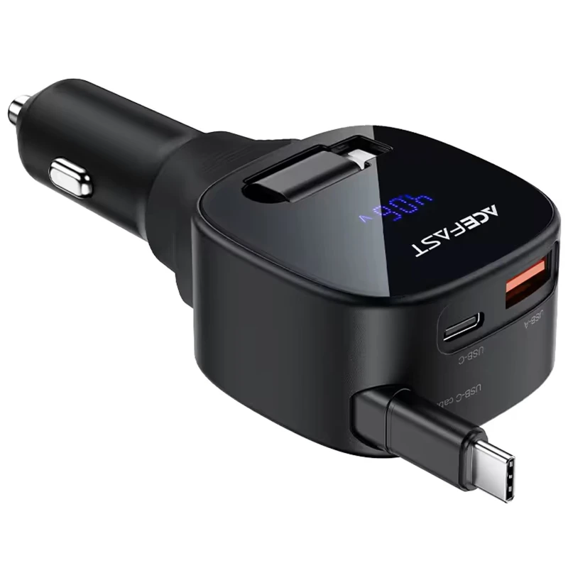 АЗП Acefast B17 PD30W+QC3.0 total 95W (1USB-A/1C) with retractable cable Type-C – Black. Фото 2 з 4