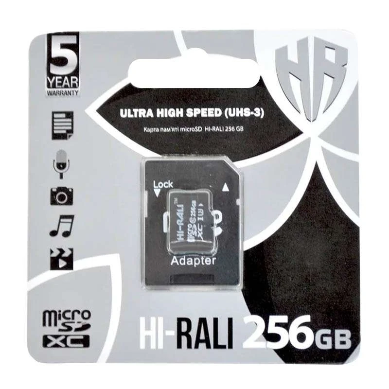 

Карта памяти Hi-Rali microSDXC (UHS-3) 256 GB Card Class 10 с адаптером (Черный), Чорний