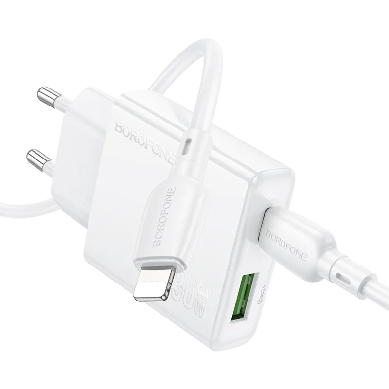 МЗП Borofone BN25 Wish PD30W+QC3.0 (1USB-A/1C) + кабель Type-C to Lightning – White. Фото 3 з 7