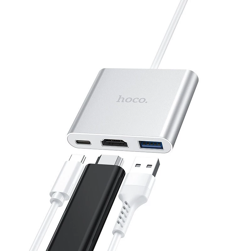 Перехідник HUB Hoco HB14 Type-C to USB3.0+HDMI+PD – Сталевий. Фото 5 з 8
