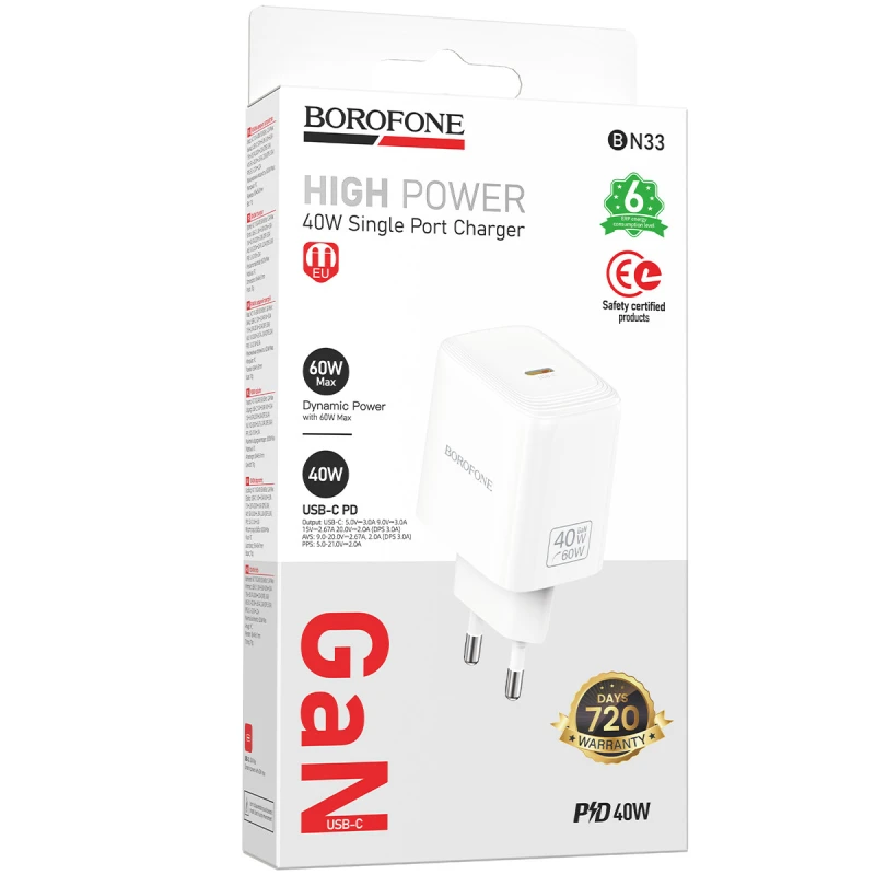 МЗП Borofone BN33 Fuente PD40W (1USB-C) – White. Фото 2 з 6
