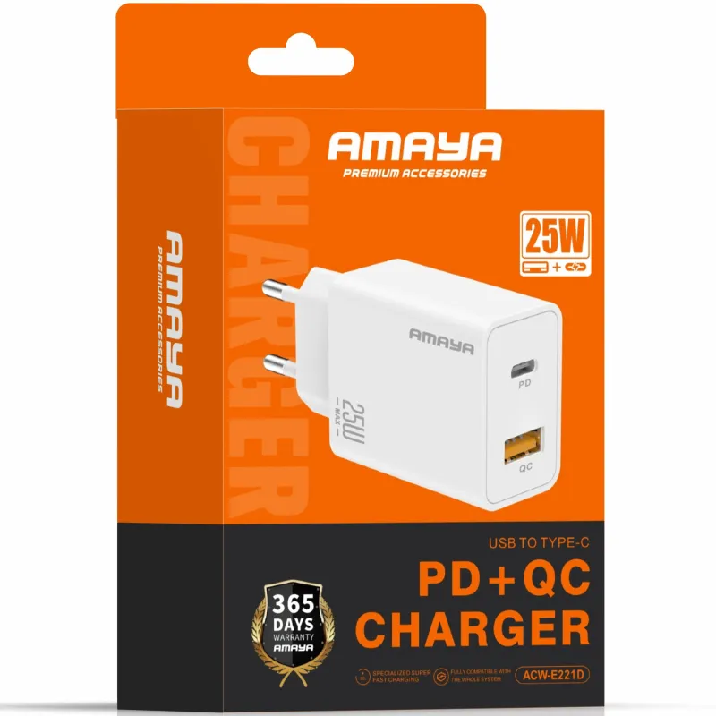 СЗУ Amaya E221D PD25W+QC3.0 (1USB-A/1C) – White. Фото 2 из 2