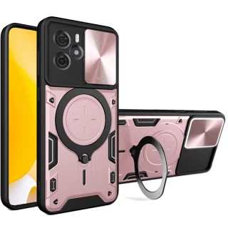 Ударопрочный чехол Bracket Ringstand с защитной шторкой для камеры для Xiaomi Redmi Note 14 4G (Europe version) — Rose Gold