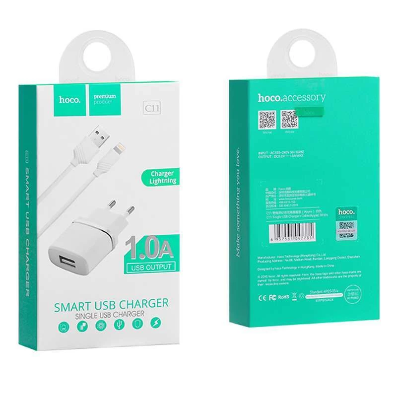 МЗП Hoco C11 Charger + Cable (Lightning) 1.0A 1USB – Білий. Фото 7 з 7