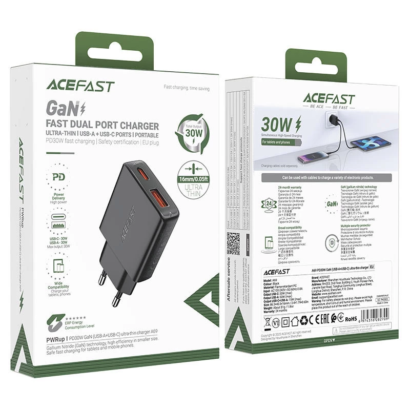 СЗУ Acefast A69 PD30W GaN (USB-C+USB-A) – Black. Фото 6 из 7