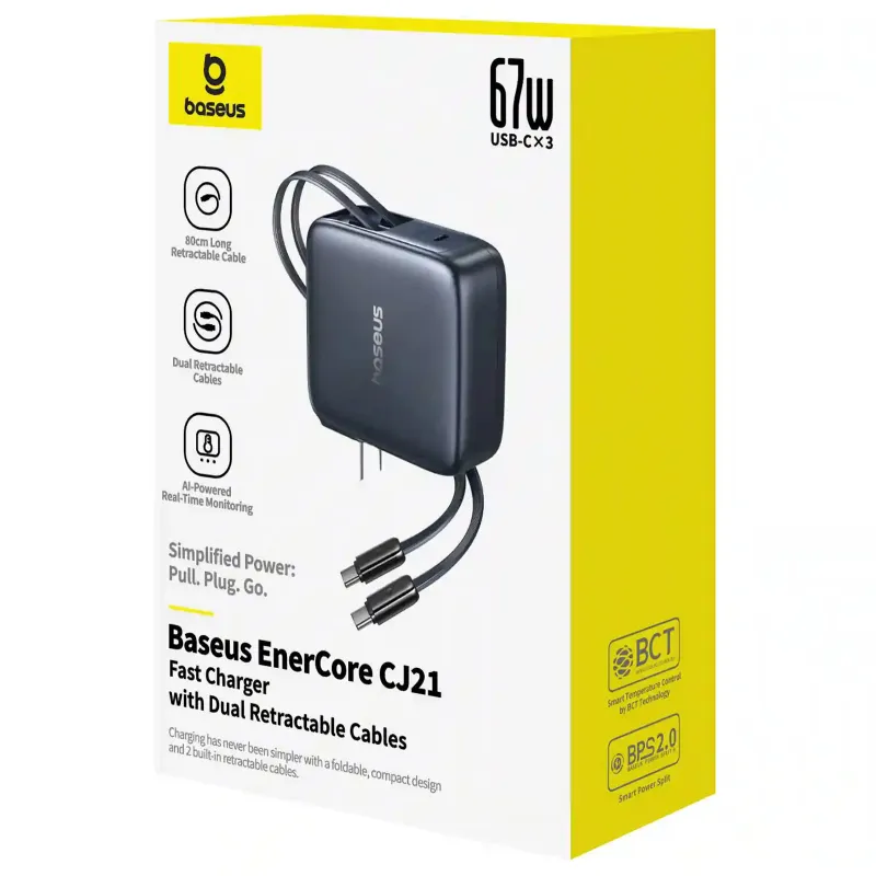 МЗП Baseus EnerCore CJ21 PD67W with retractable cables (3USB-C) (E0121D) – Cosmic Black. Фото 4 з 4