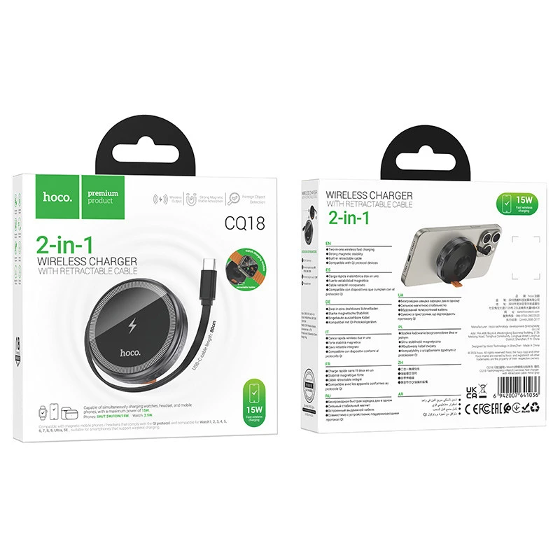 БЗУ Hoco CQ18 Flash 2in1 Magnetic + iWatch (with retractable cable Type-C) – Metal gray. Фото 2 из 5