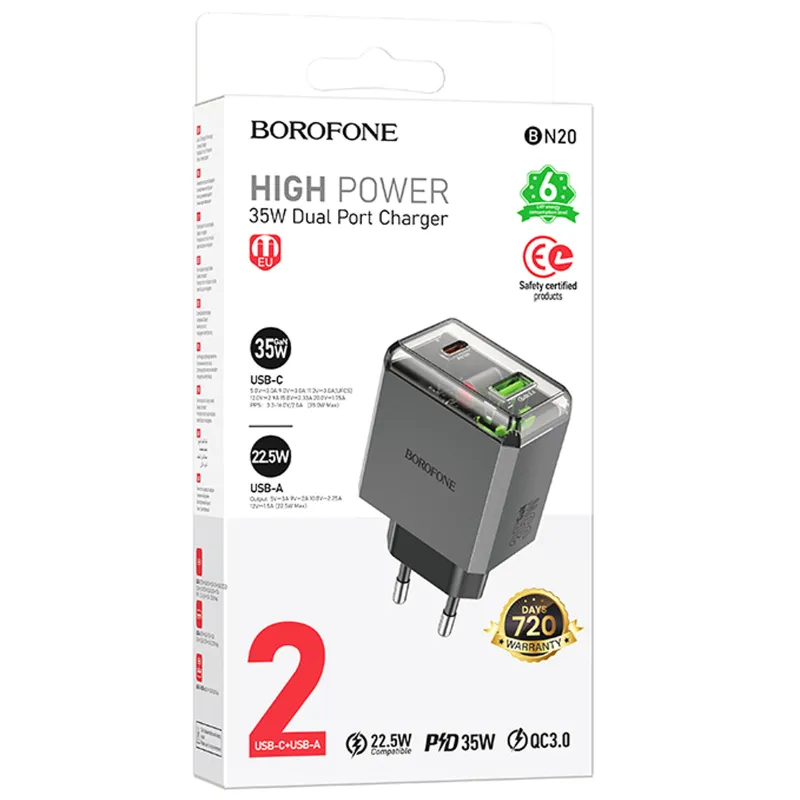 МЗП Borofone BN20 Lena PD35W+QC3.0 (1USB-A/1C) – Metal gray. Фото 2 з 5
