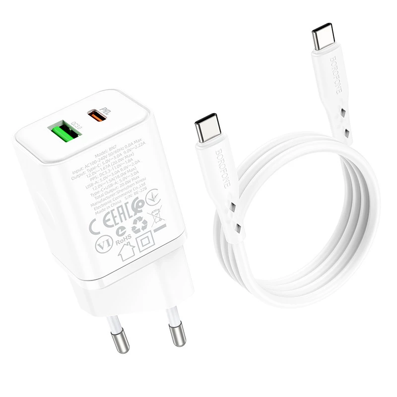 СЗУ Borofone BN7 PD20W+QC3.0 (1USB-A/1C) + кабель Type-C to Type-C – White. Фото 7 из 7