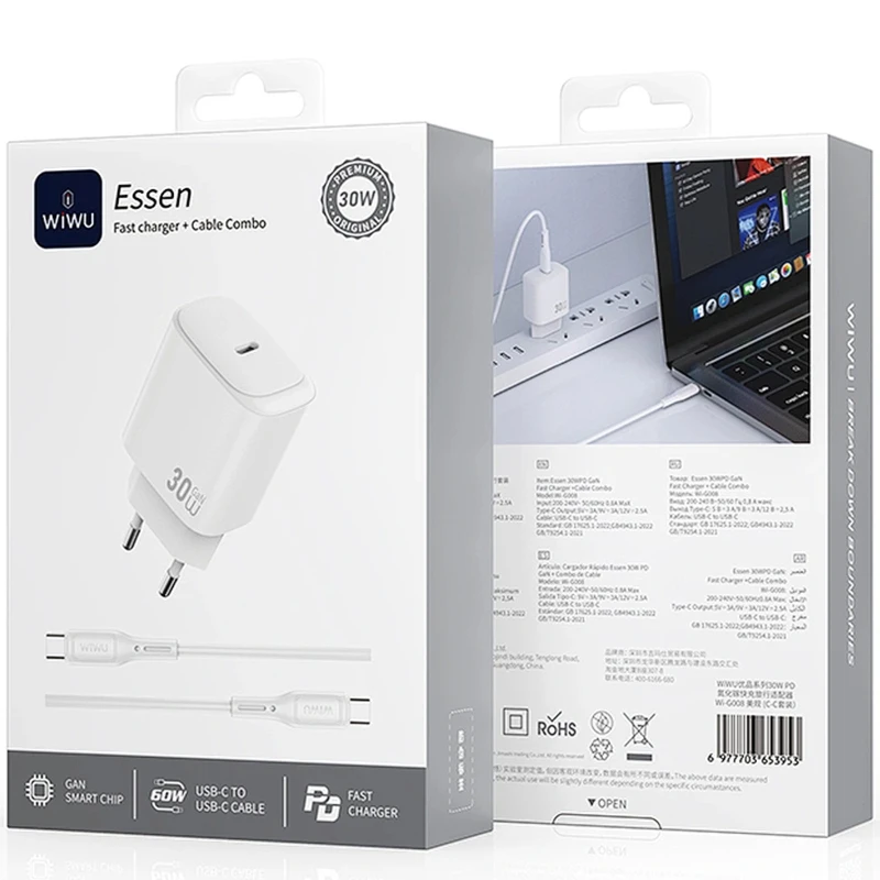 МЗП WIWU G008 Essen PD30W GaN (1USB-C) + кабель Type-C to Type-C – White. Фото 2 з 4