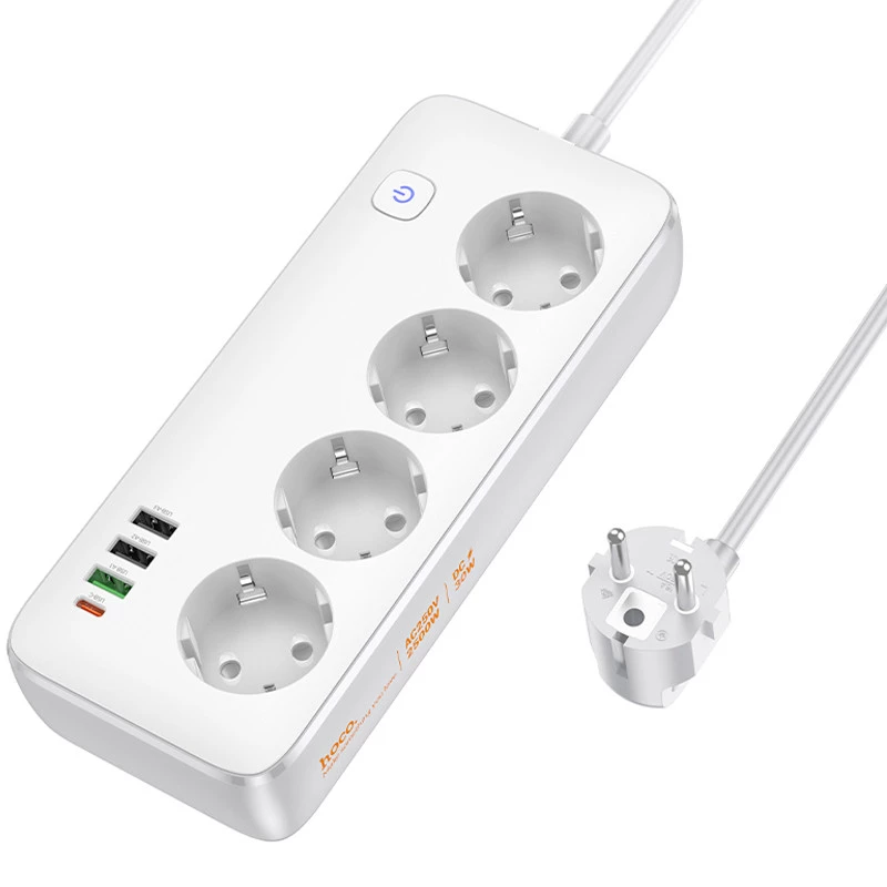 Удлинитель Hoco AC22 Sunlight (PD30W/1C/3A/4xSocket) (1.5m) – White. Фото 3 из 5