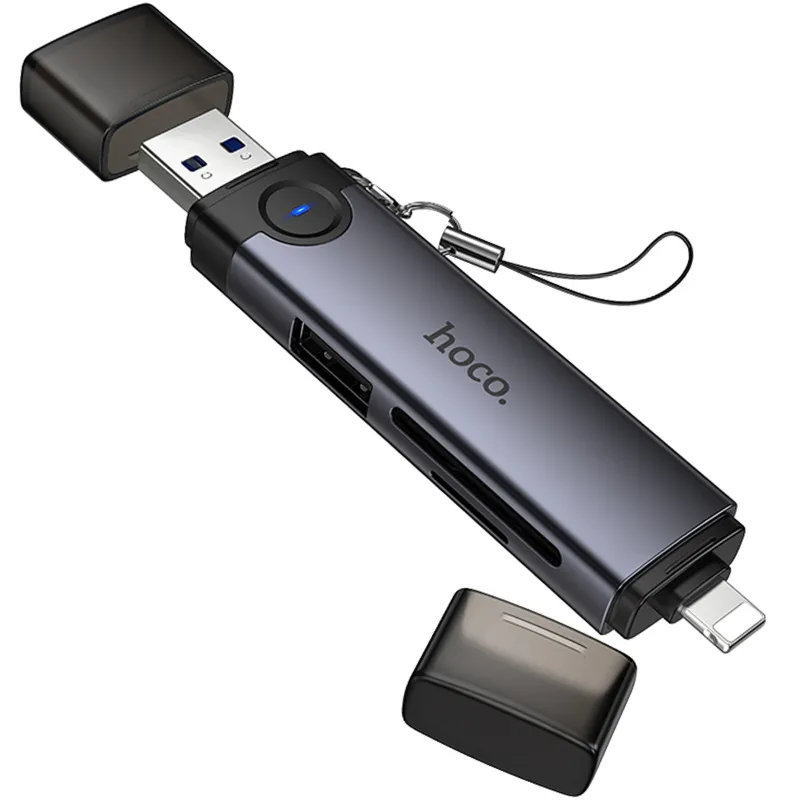 Картридер Hoco HB56A Victory 5in1 Lightning/USB2.0 to SD/TF3.0 + USB 2.0 – Metal gray. Фото 3 з 6