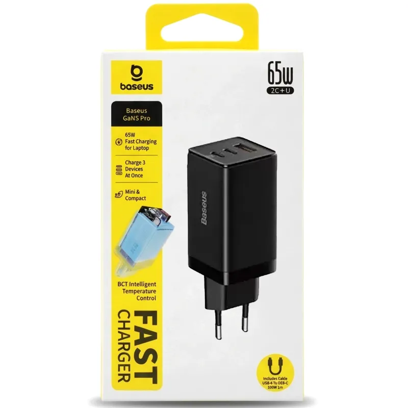 МЗП Baseus GaN5 Pro 65W 2Type-C+USB 100W EU (CCGP12020) – Black. Фото 7 з 7