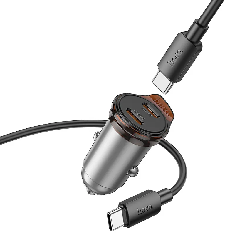 АЗП Hoco NZ16B Rigorous PD45W (2USB-C) + кабель Type-C to Type-C – Metal grey. Фото 5 з 7