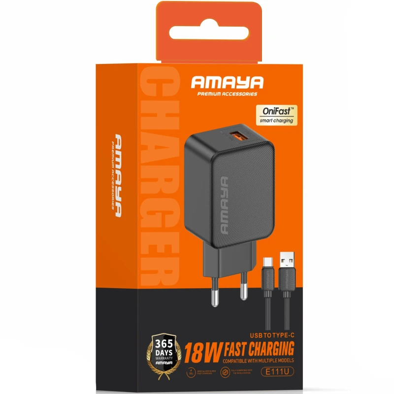 МЗП Amaya E111U QC3.0 18W (1USB-A) + кабель USB to Type-C – Black. Фото 2 з 2