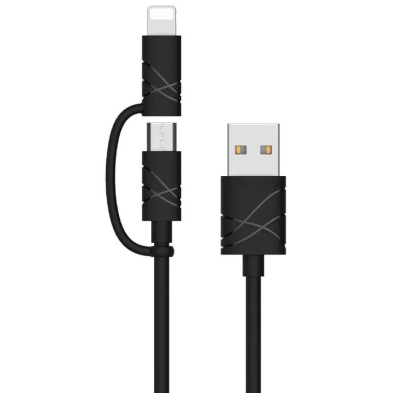 

Дата кабель Usams US-SJ077 2in1 U-Gee USB to MicroUSB + Lightning (1m) (Черный), Чорний