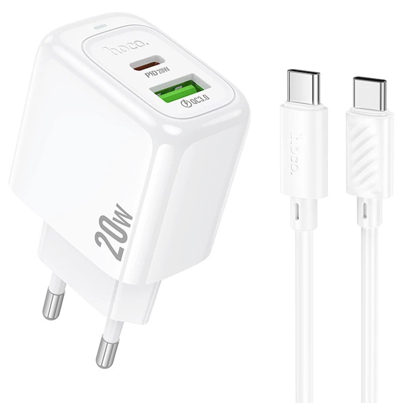 МЗП Hoco CS54A Surplus PD20W+QC3.0 (1USB-A/1C) + Type-C to Type-C – White. Фото 1 з 7