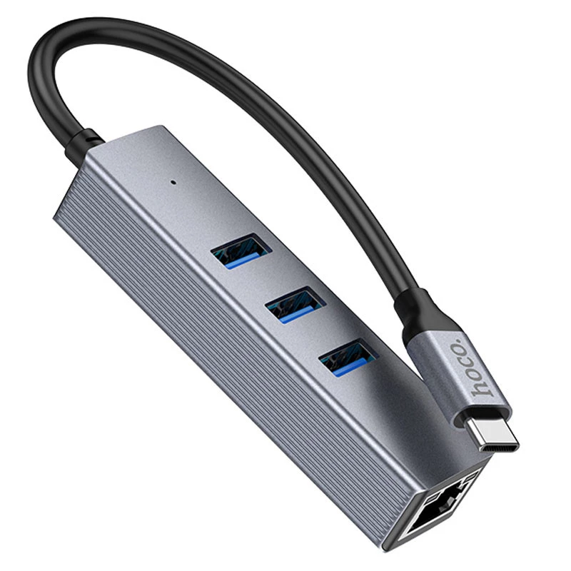 Перехідник HUB Hoco HB34 Easy link Type-C Gigabit network adapter (Type-C to USB3.0*3+RJ45) – Metal gray. Фото 4 з 8