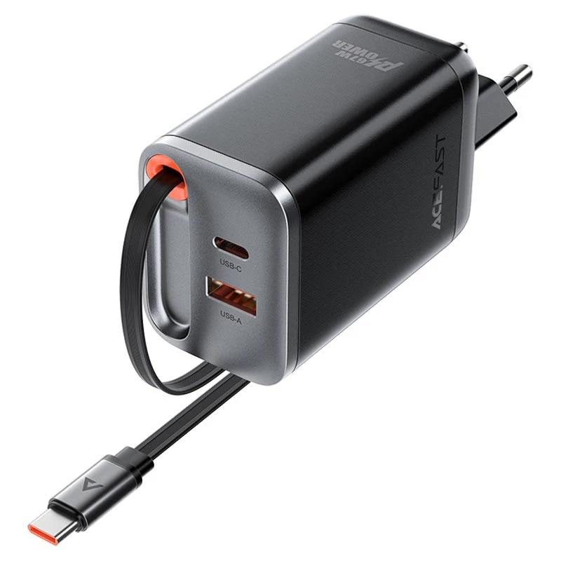 СЗУ Acefast A111 GaN With Retractable Cable Type-C PD67W (1USB-A/1C) – Black. Фото 3 из 6