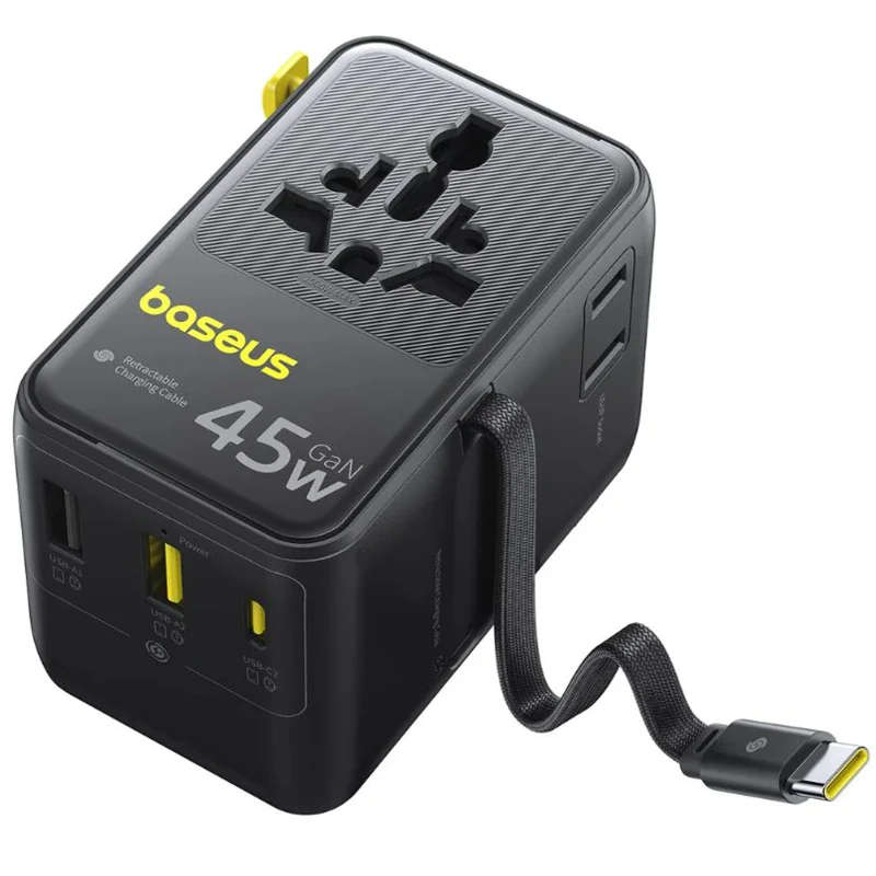 Мережевий універсальний перехідник Baseus AG11 45W with retractable cable (2USB-A/3C/1Socket) (E0307F) – Cosmic Black. Фото 3 з 5