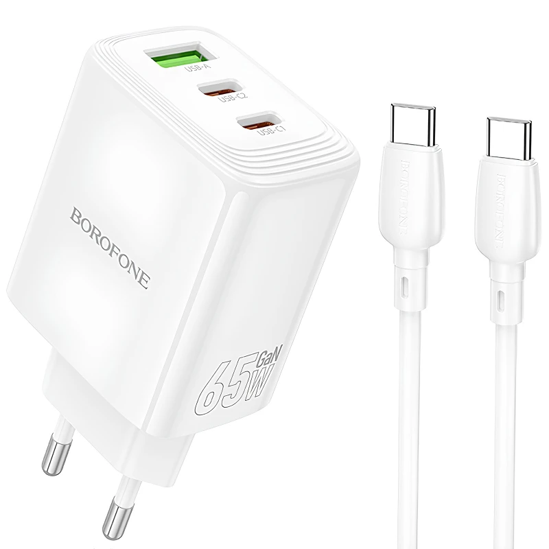 МЗП Borofone BN32 Cargador PD65W (1USB-A/2C) + кабель Type-C to Type-C – White. Фото 1 з 6