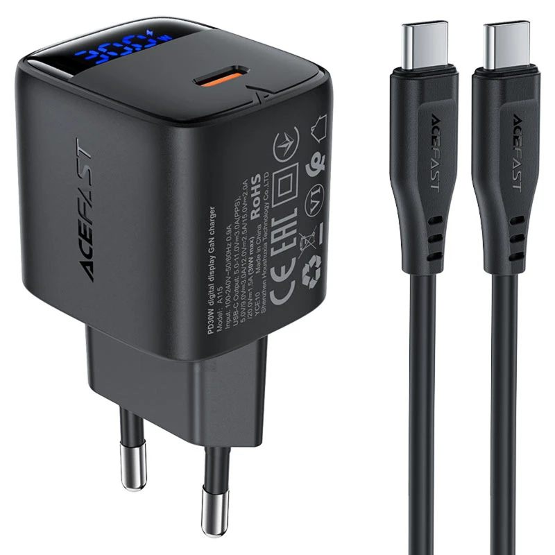 СЗУ Acefast A115 PD30W GaN (1USB-C) + кабель Type-C to Type-C – Black. Фото 1 из 4