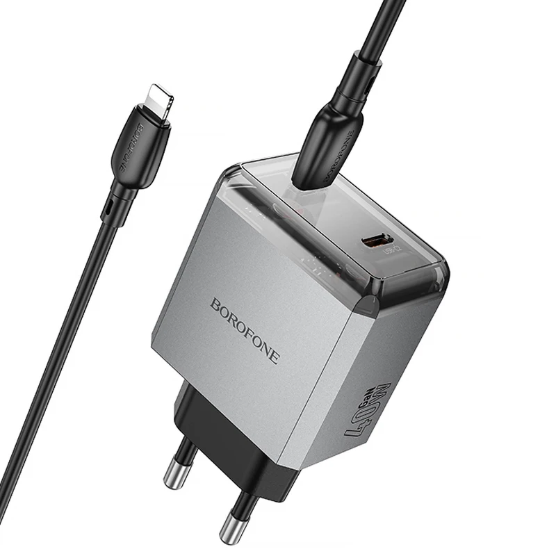 СЗУ Borofone BN21 Lena PD40W+QC3.0 (2USB-C) + кабель Type-C to Lightning – Metal gray. Фото 3 из 6