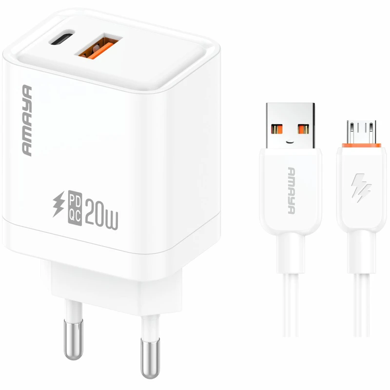 МЗП Amaya E77D PD20W+QC3.0 (1USB-A/1C) + кабель USB to MicroUSB – White. Фото 1 з 2