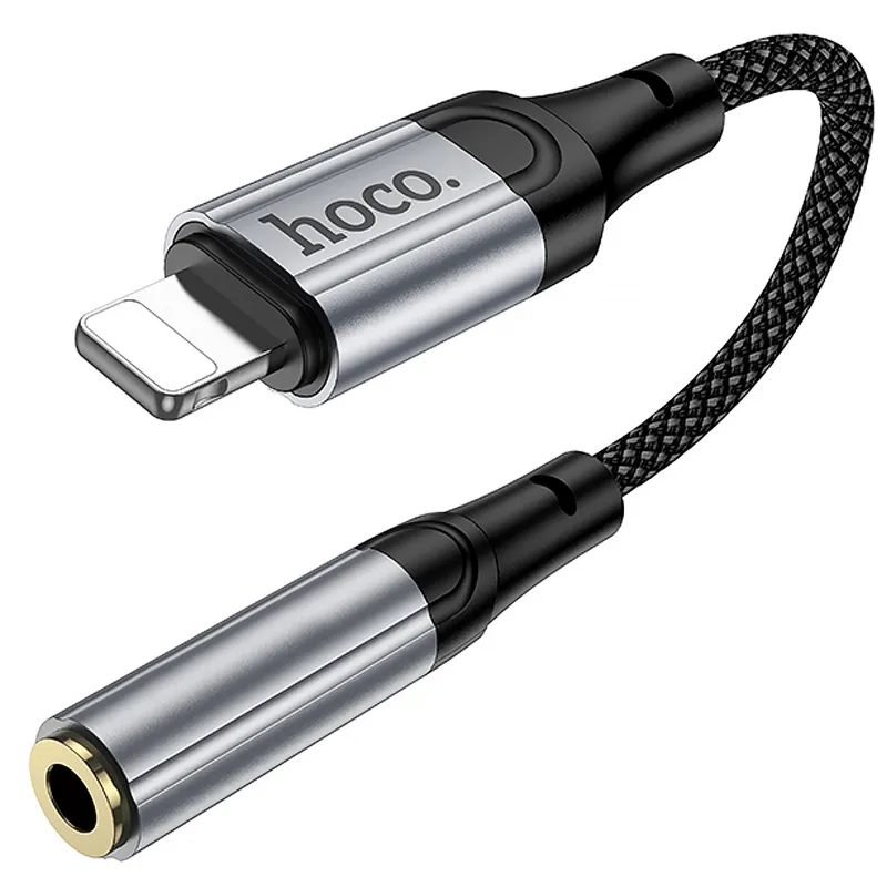 Аудіо кабель Aux Hoco LS36A Fresh 3.5mm to Lightning (0.12m) – Metal gray. Фото 3 з 5