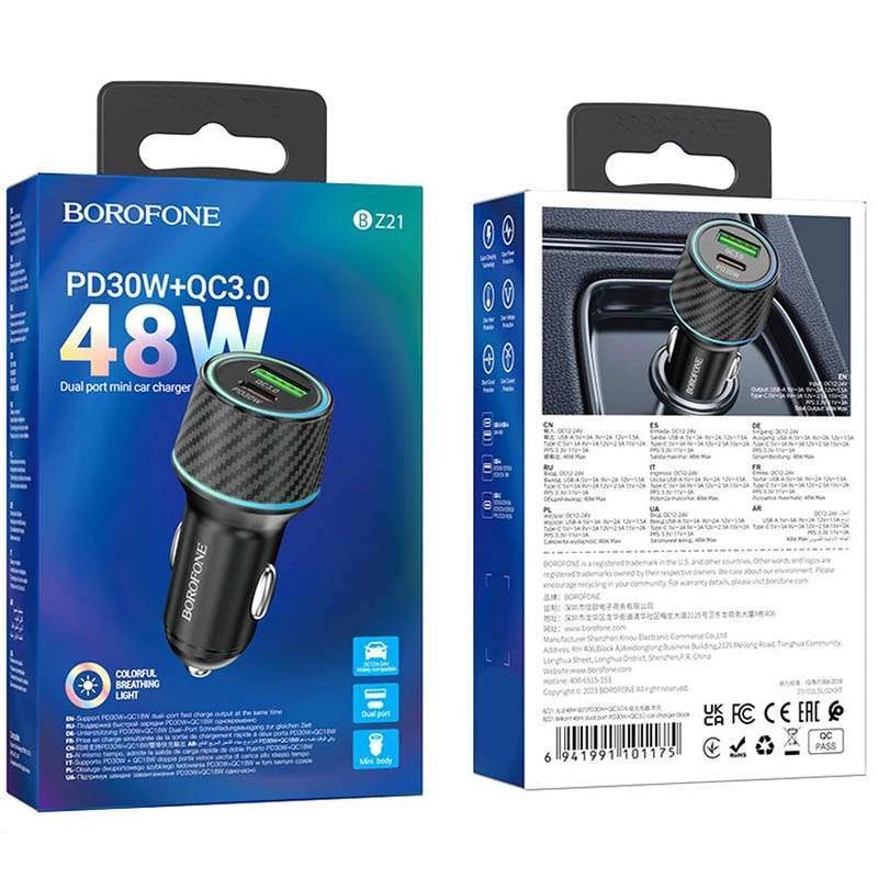 АЗУ Borofone BZ21 Brilliant 48W PD30W+QC3.0 (1Type-C/1USB) – Black. Фото 3 з 3