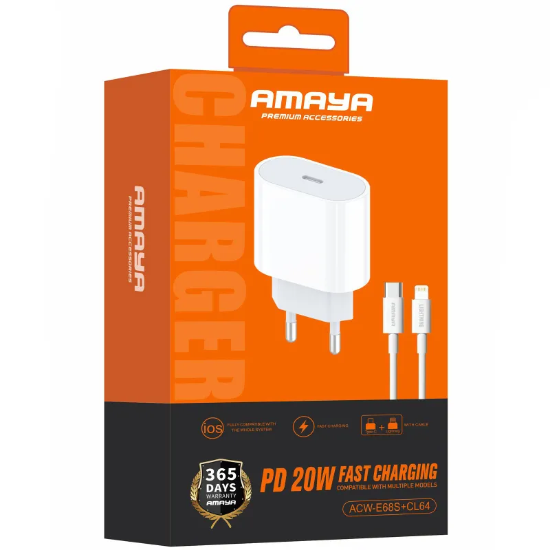 МЗП Amaya E68S PD20W (1USB-C) + кабель Type-C to Lightning – White. Фото 2 з 2