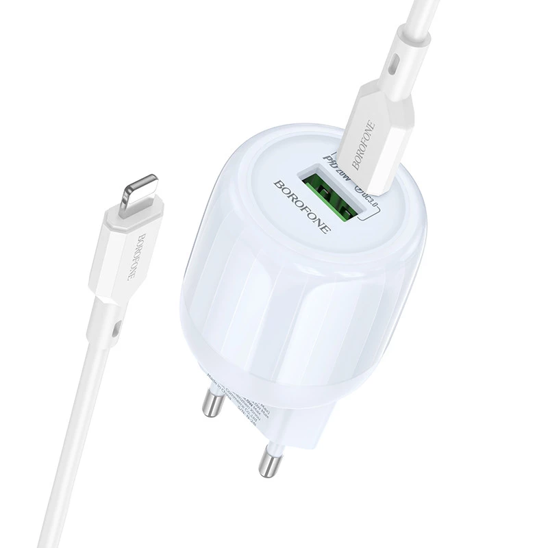 МЗП Borofone BA93A Lustrous PD20W+QC3.0 (1USB-A/1C) + кабель Type-C to Lightning – Blue. Фото 1 з 4