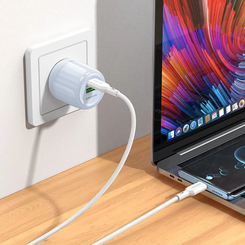 СЗУ Borofone BA94A Lustrous PD30W+QC3.0 (1USB-A/1C) + кабель Type-C to Type-C – Blue. Фото 3 из 4