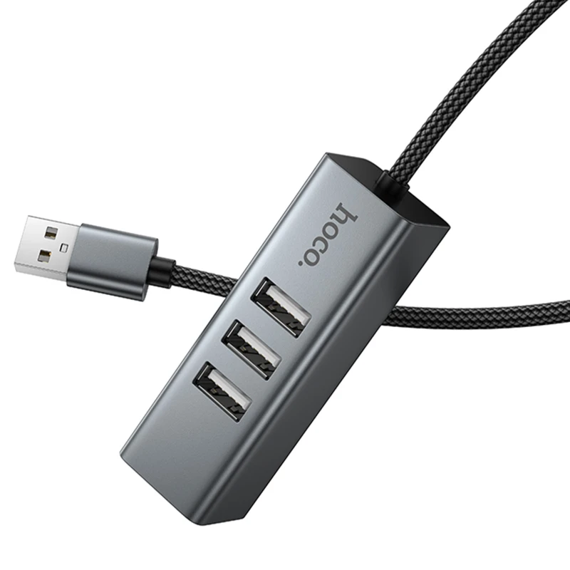 Перехідник HUB Hoco HB1D USB to USB2.0*3+RJ45 – Metal gray. Фото 5 з 6