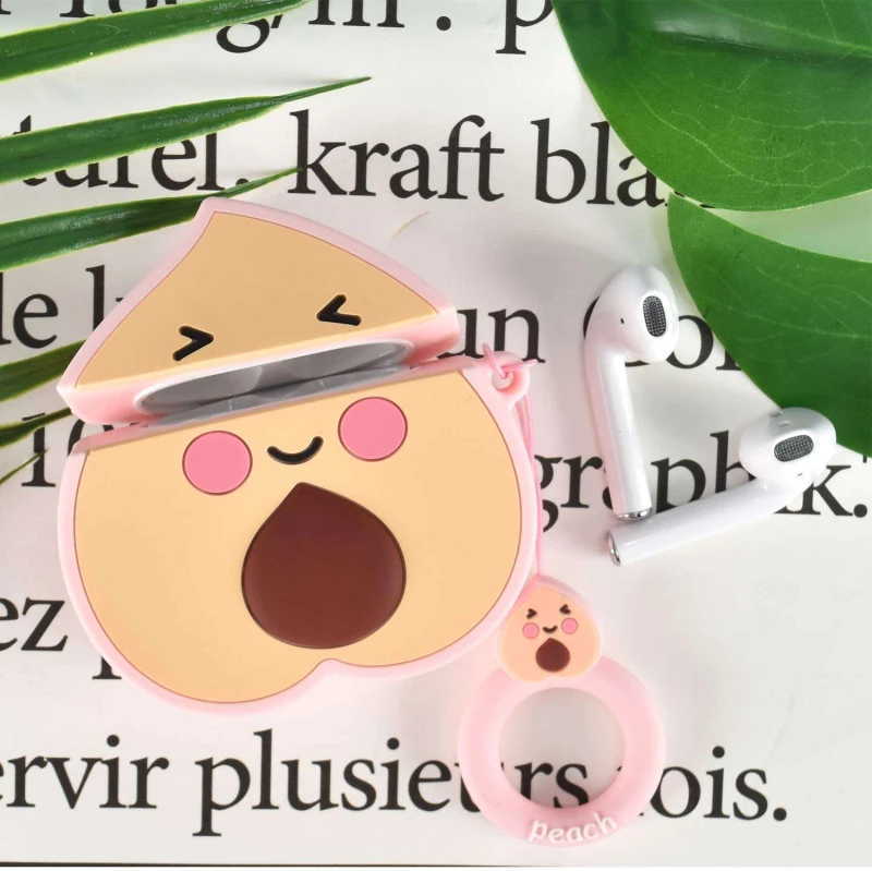 Силиконовый футляр Smile Fruits series для наушников AirPods 1/2 + кольцо – Peach. Фото 3 из 5