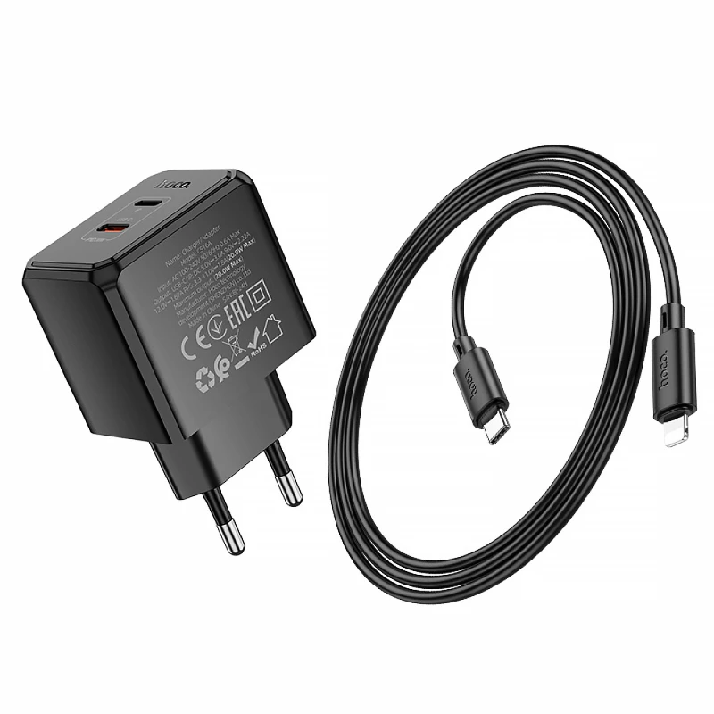 МЗП Hoco CS16A Wish PD20W (1USB-C/1L) + кабель Type-C to Lightning – Black. Фото 5 з 7