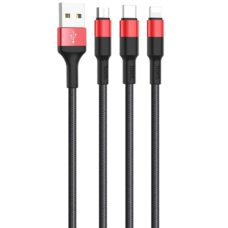 Дата кабель Hoco X26 Xpress 3in1 Lightning -MicroUSB-Type-C (1m) – Чорний / Червоний. Фото 2 з 4