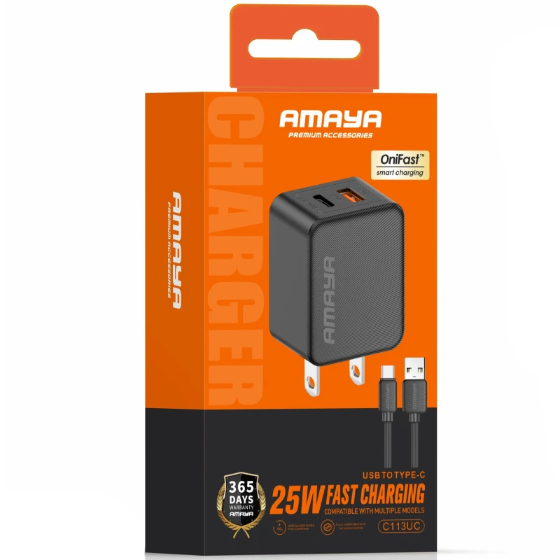 СЗУ Amaya E113UC PD25W+QC3.0 (1USB-A/1C) + кабель USB to Type-C – Black. Фото 4 из 4