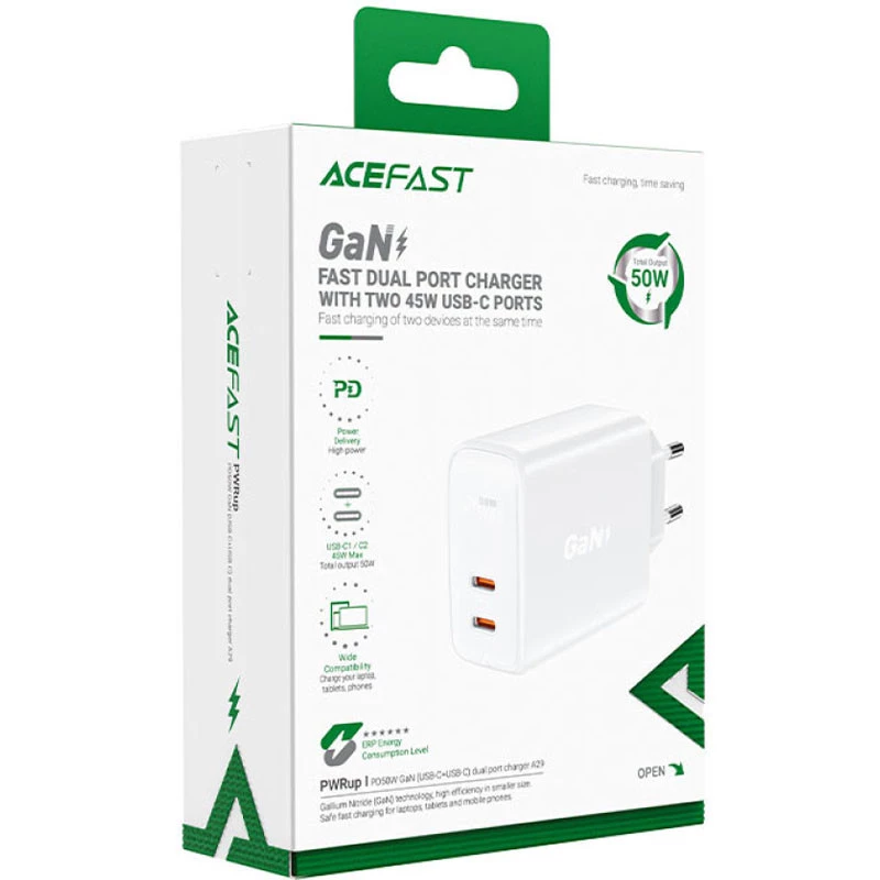 МЗП Acefast A29 PD50W GaN (USB-C+USB-C) dual port – White. Фото 3 з 3