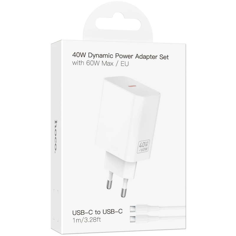 СЗУ Hoco C162A Source PD40W (1USB-C) + кабель Type-C to Type-C – White. Фото 2 из 5