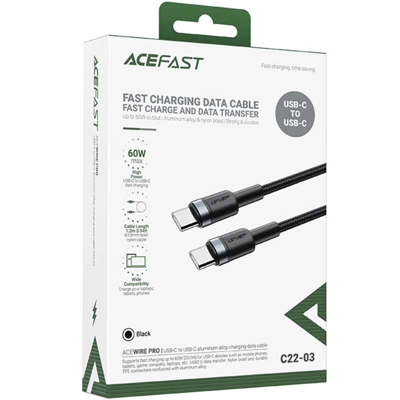 Дата кабель Acefast C22-03 Type-C to Type-C 60W (1.2m) – Black. Фото 2 з 5